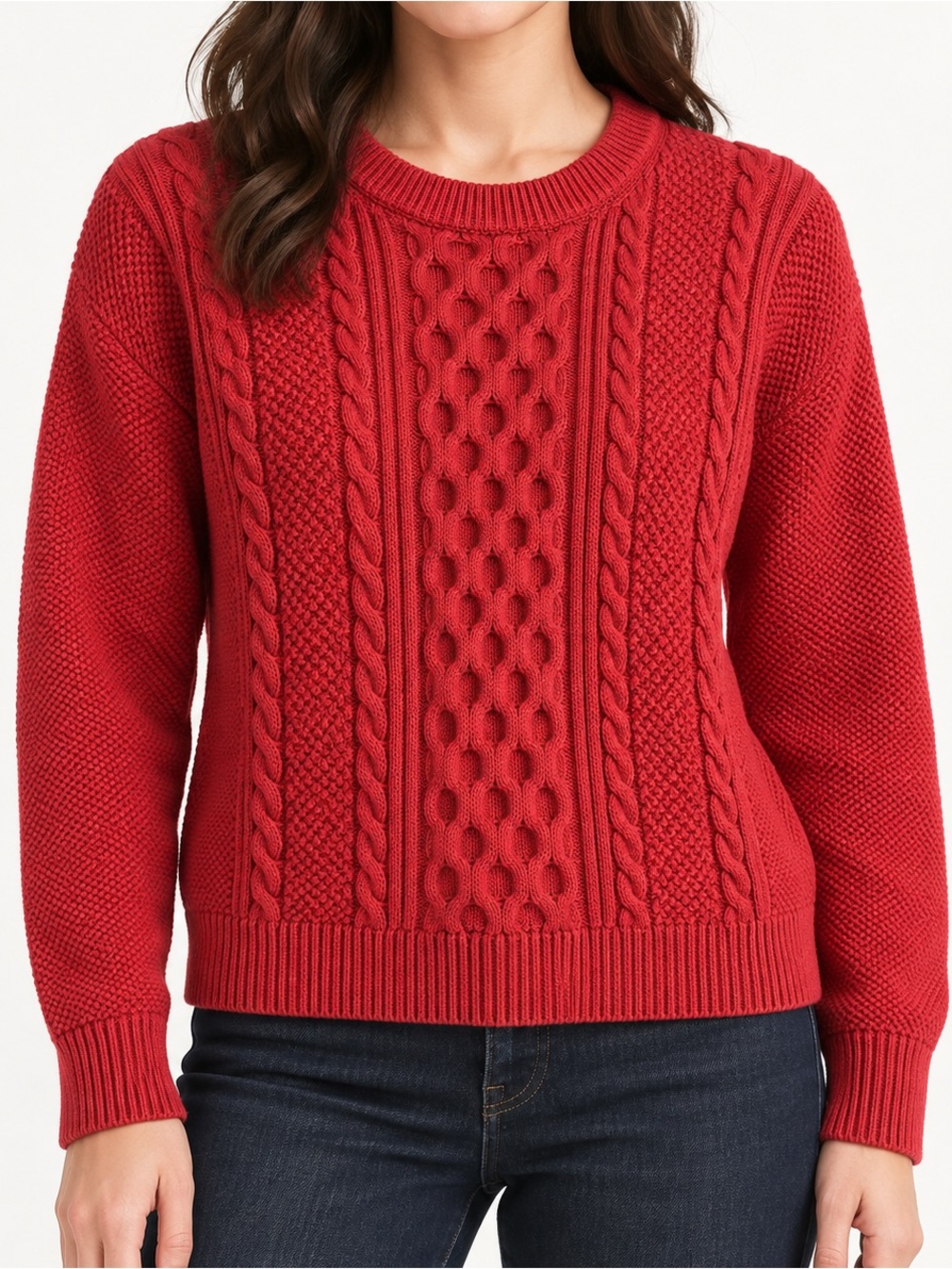 GAP Women Red Mixed Cable Fisherman Crewneck Sweater Small